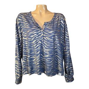 Thalia Sodi Women's XL Tiger Print Long Sleeve‎ Snap Henley Neck Top  Gold Grey
